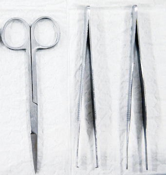 Pair of medical scissors and two tweezers against a plain background.
