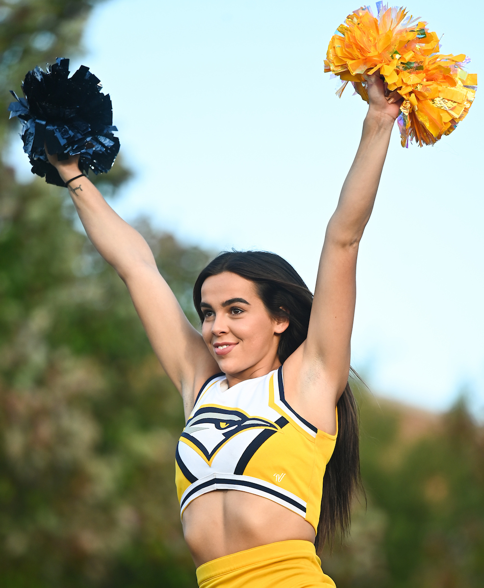 Cheerleader in yellow uniform holds blue and yellow pom-poms high, smiling energetically.