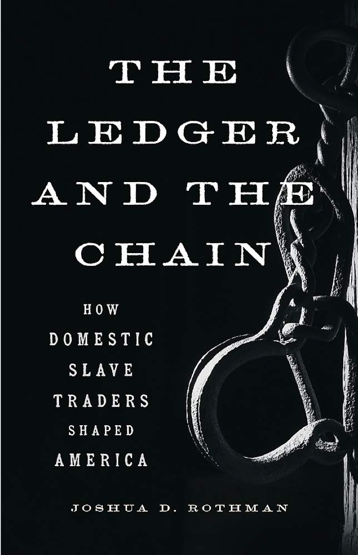 Book cover for "The Ledger and the Chain" by Joshua D. Rothman features large white text on a black background with the outline of a metal chain.