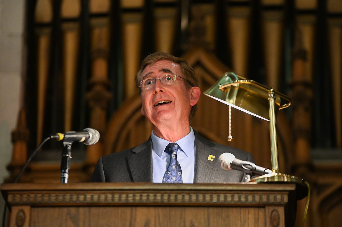 UTC Chancellor Steve Angle offers his thoughts during the Blue and Gold Memorial Service.