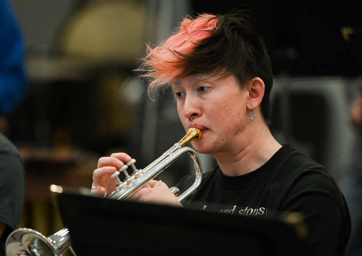 Tizzy Smith participates in concert band rehearsal Tuesday, Feb. 8, 2022, in the Fine Arts Center.
