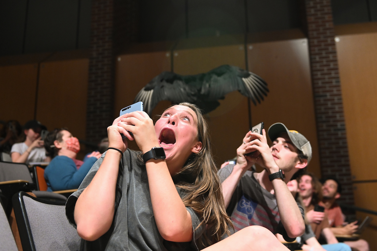 Students react as Kacey the black vulture glides about a foot over their heads.