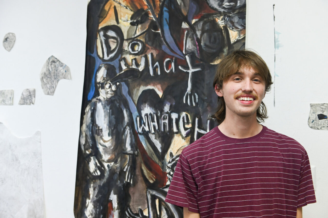Senior art students display their work during the Painting and Drawing Open Studios event Thursday, April 29, 2022 in the carriage house art studios.