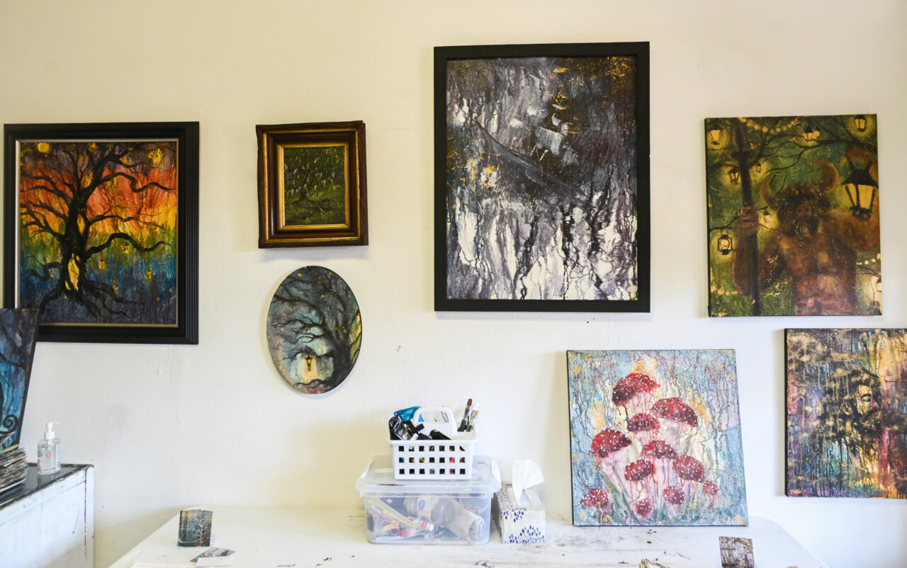 Senior art students display their work during the Painting and Drawing Open Studios event Thursday, April 29, 2022 in the carriage house art studios.