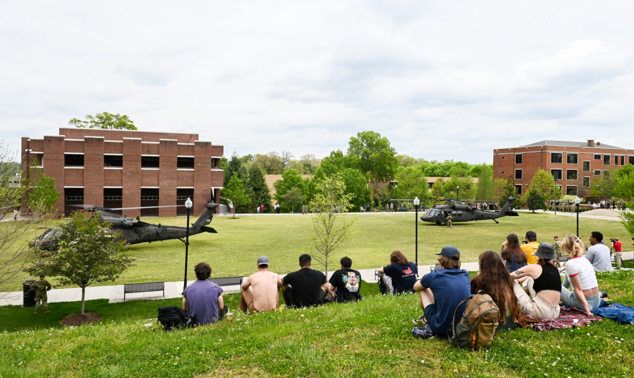 Blackhawk helicopters on campus Thursday, April 21, 2022