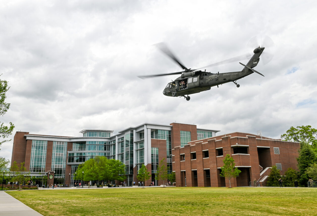 Blackhawk helicopters on campus Thursday, April 21, 2022