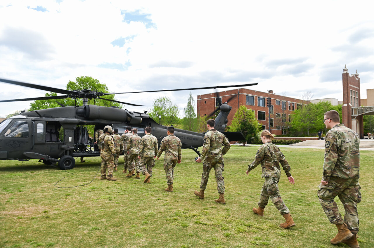Blackhawk helicopters on campus Thursday, April 21, 2022