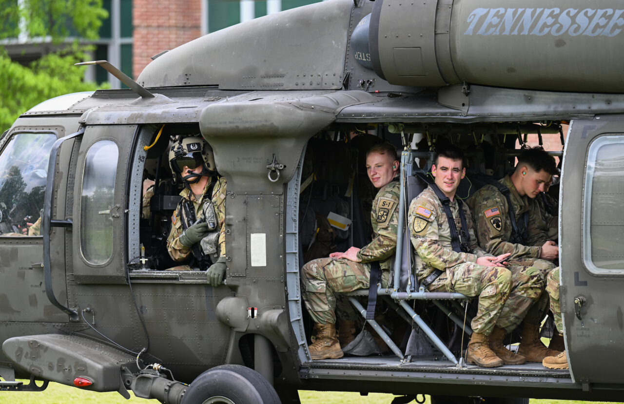Blackhawk helicopters on campus Thursday, April 21, 2022
