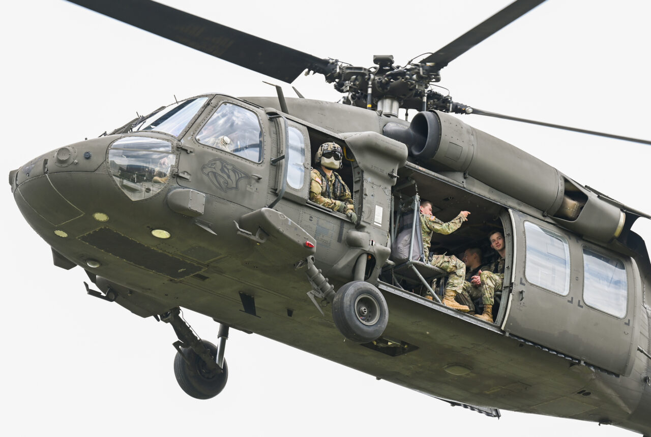 Blackhawk helicopters on campus Thursday, April 21, 2022