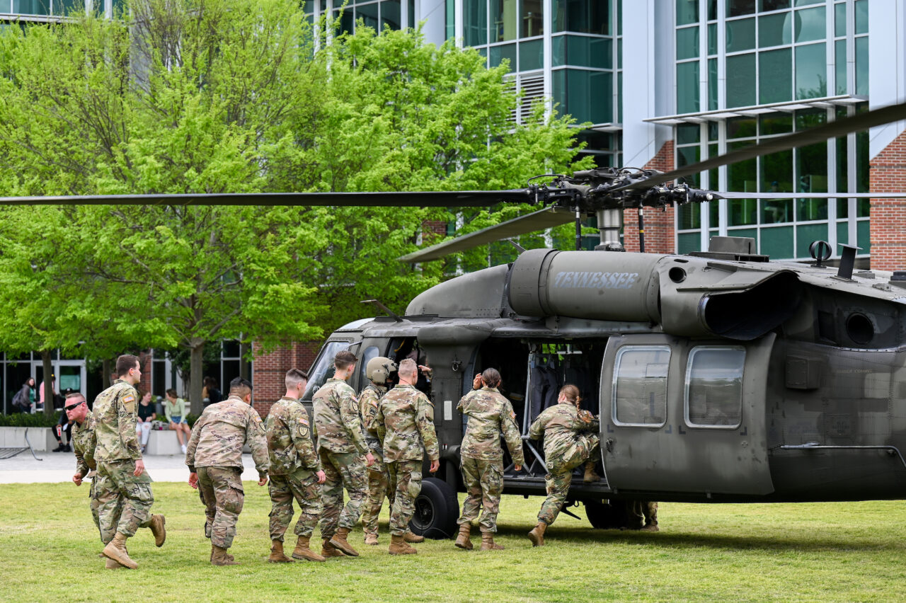 Blackhawk helicopters on campus Thursday, April 21, 2022