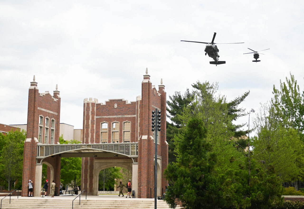 Blackhawk helicopters on campus Thursday, April 21, 2022