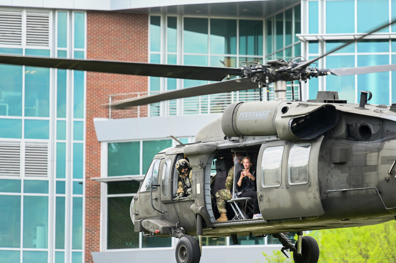 Blackhawk helicopters on campus Thursday, April 21, 2022