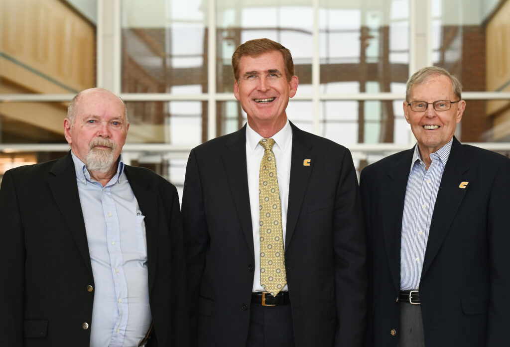 Chancellor Steven R. Angle, center, met with former UTC chancellors James Drinnon, left, and Fred Obear. Photo by Angela Foster.