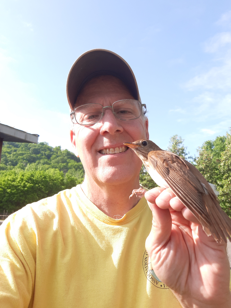 Professor David Aborn holds the 6,000th bird he has banded—a veery—during his 19-year project.