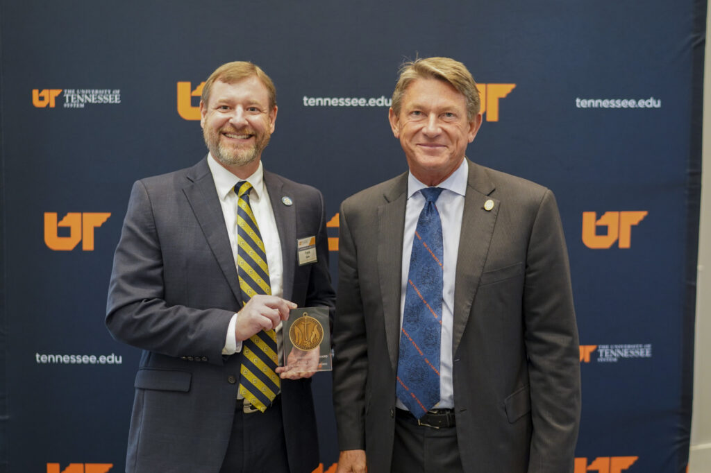 Frank Butler, left, winner of a 2022 UT System President’s Award, and UT System President Randy Boyd. Photo courtesy of UT System/Sam Thomas.