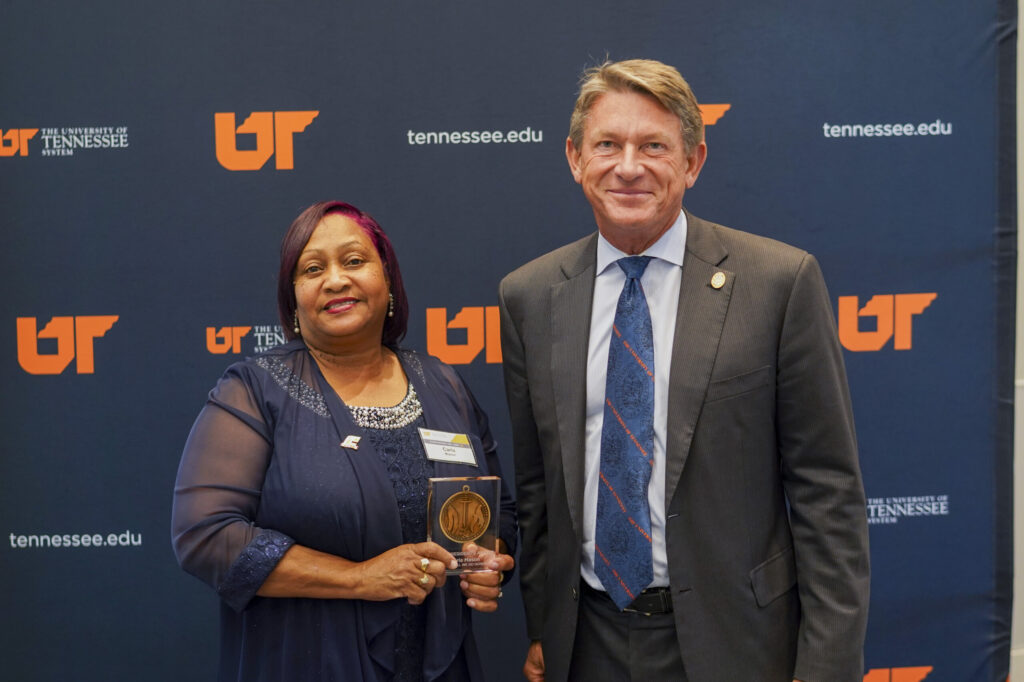 Carla Mason, left, winner of a 2022 UT System President’s Award, and UT System President Randy Boyd. Photo courtesy of UT System/Sam Thomas.