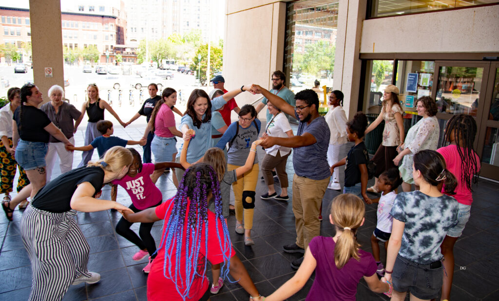 As part of 2022 Make Music Day festivities June 21, Kodály Institute teachers went to the Chattanooga Public Library plaza to participate in singing games and folk dances. Photo by Donald Garrett. 