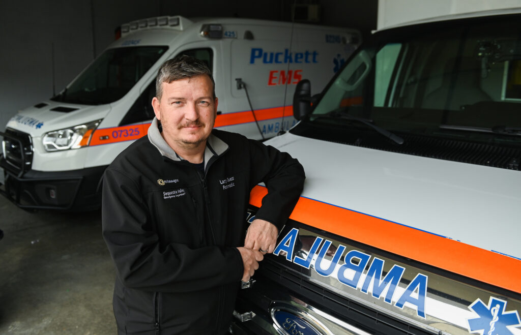 Larry Guess, a critical care paramedic based in South Pittsburg, Tennessee, is working to complete his undergraduate degree thanks to the UTC BAS-AL program. Photo by Angela Foster.