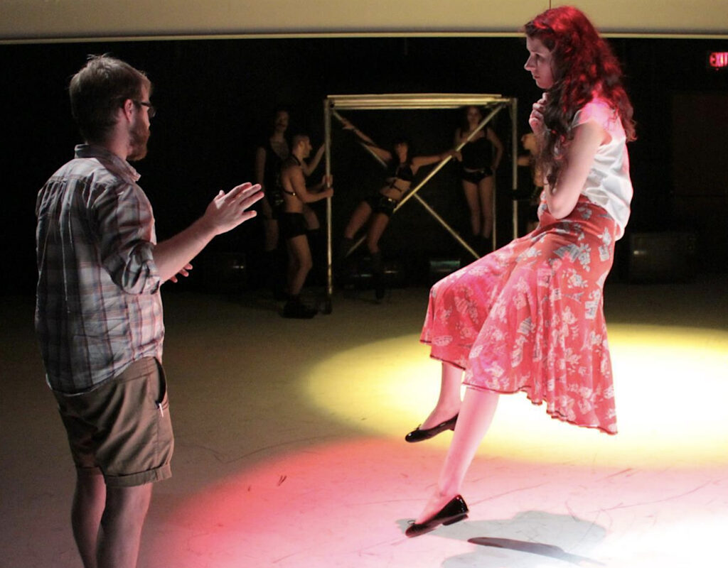 Artistic Director Blake Harris and actress Madeline Young, both UTC graduates, at a rehearsal for the Obvious Dad theatre company production of “Woyzeck.”