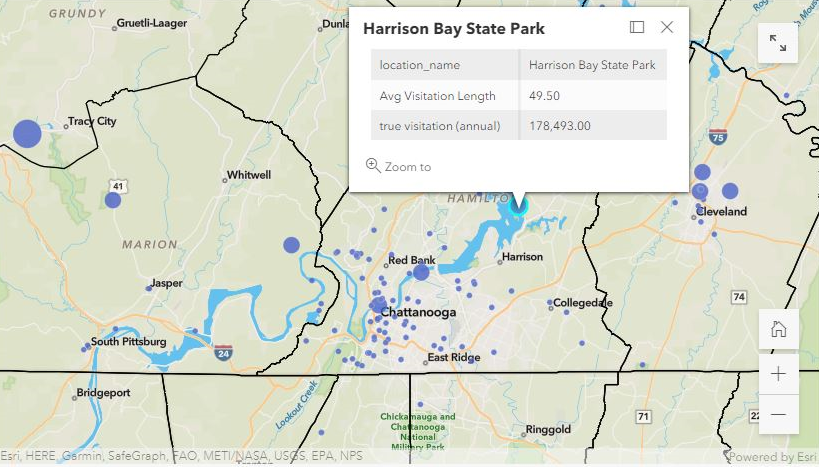 Based on the data in the above map, this map shows the annual visitation for each park in the region. Map provided by Charlie Mix. Source: UTC and SafeGraph.