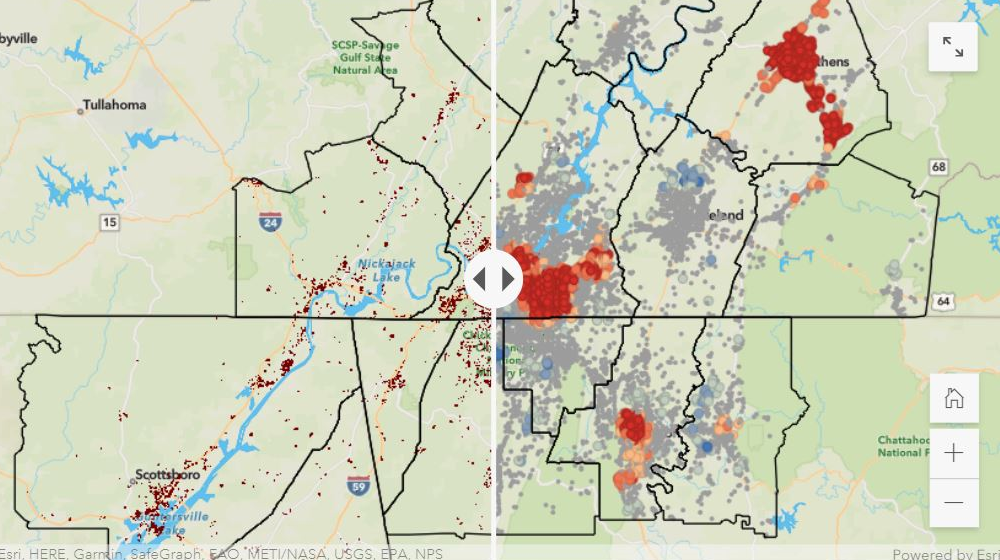 Urbanization in the past 20 years, as fragmentation is one of the greatest threats to biodiversity. The map on the left shows areas converted from any land cover type to developed. The map on the right shows geo-statistical “hotspots” of those areas developed in the region. Maps provided by Charlie Mix. Source: National Land Cover Dataset and the UTC IGTLab.