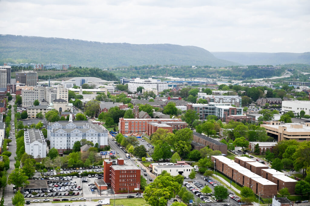 Aerial view of downtown Chattanooga and the UTC campus. Photo by Angela Foster.