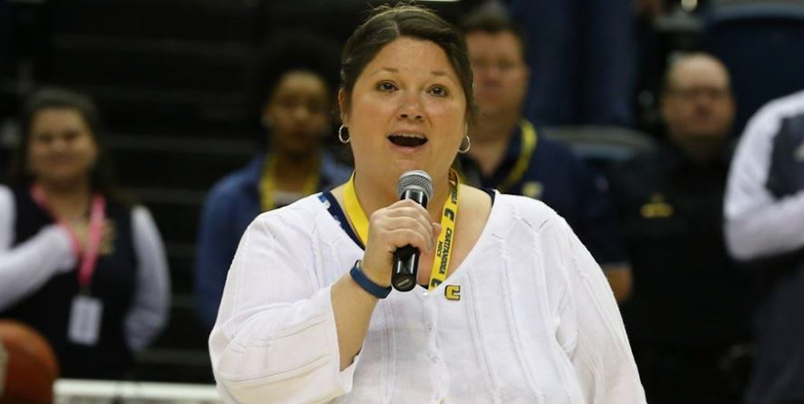 Gretchen Potts has been a coveted national anthem singer at many home UTC athletics events. Courtesy: Chattanooga Athletics/Frank Mattia.