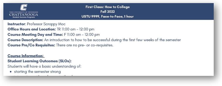 Top of the first page of the "First Class: How to College" syllabus