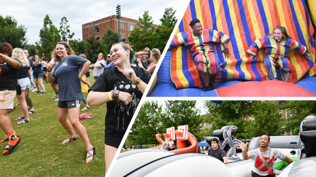 Scenes from Oak Street Roast 2021, including students dancing, sliding and playing games