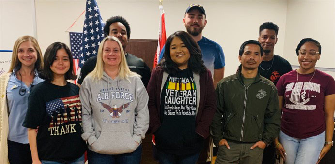 UTC Veteran and Military Affairs staff members, from left: Laney Wood (administrative assistant), Mara Trigg (ambassador), Teffany Palmer (ambassador), Lewis Green (ambassador), Sylvana Matthews (director), Chance Williams (ambassador), Sam Mao (veterans benefits specialist), Felipe Holden (veterans ambassador lead), Akiya Brown (ambassador).