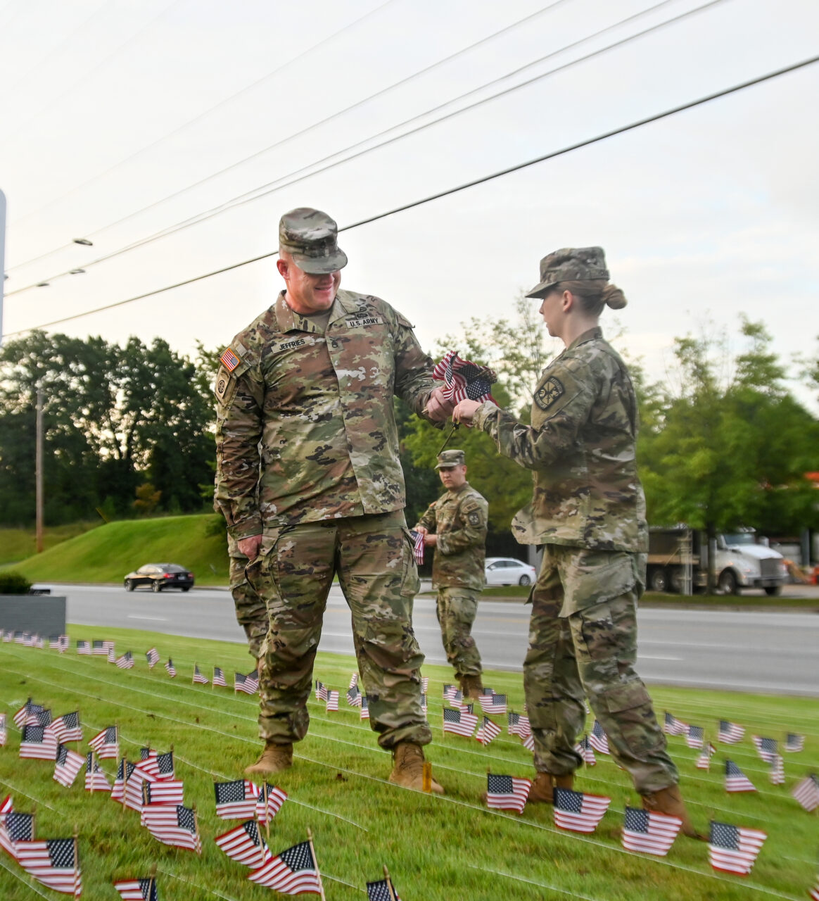 University of Tennessee at Chattanooga ROTC members place 2000 flags in front of Lane Funeral Home on Ashland Terrace, Wednesday, Sept. 7, 2022 in honor of 9/11.