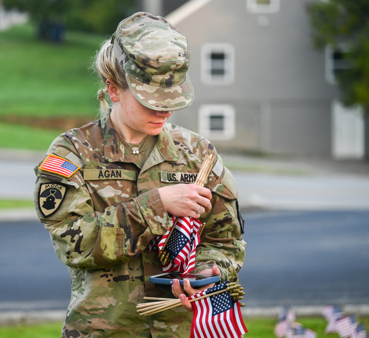 University of Tennessee at Chattanooga ROTC members place 2000 flags in front of Lane Funeral Home on Ashland Terrace, Wednesday, Sept. 7, 2022 in honor of 9/11.