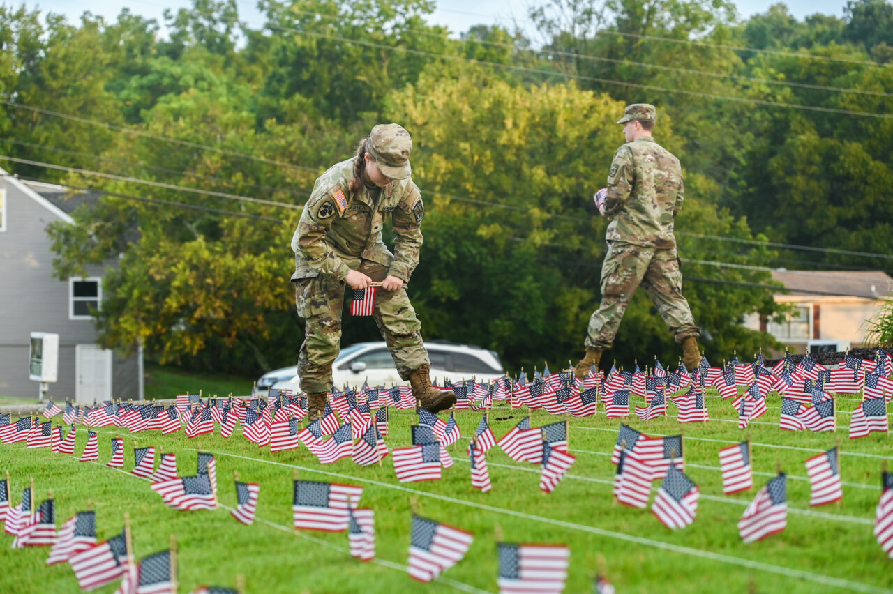 University of Tennessee at Chattanooga ROTC members place 2000 flags in front of Lane Funeral Home on Ashland Terrace, Wednesday, Sept. 7, 2022 in honor of 9/11.