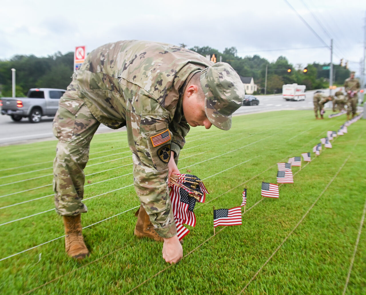University of Tennessee at Chattanooga ROTC members place 2000 flags in front of Lane Funeral Home on Ashland Terrace, Wednesday, Sept. 7, 2022 in honor of 9/11.
