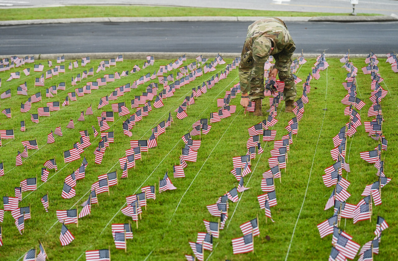 University of Tennessee at Chattanooga ROTC members place 2000 flags in front of Lane Funeral Home on Ashland Terrace, Wednesday, Sept. 7, 2022 in honor of 9/11.