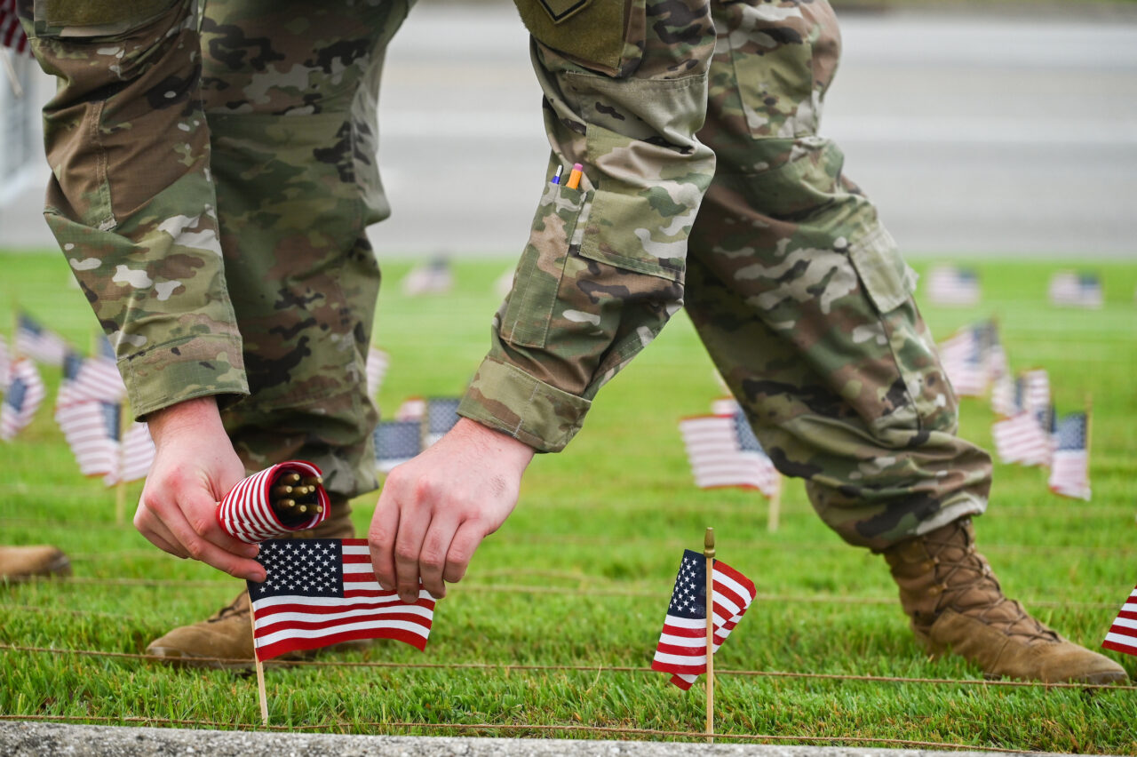 University of Tennessee at Chattanooga ROTC members place 2000 flags in front of Lane Funeral Home on Ashland Terrace, Wednesday, Sept. 7, 2022 in honor of 9/11.