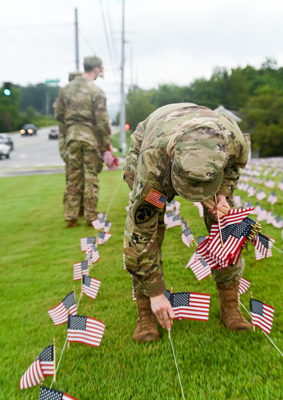 University of Tennessee at Chattanooga ROTC members place 2000 flags in front of Lane Funeral Home on Ashland Terrace, Wednesday, Sept. 7, 2022 in honor of 9/11.