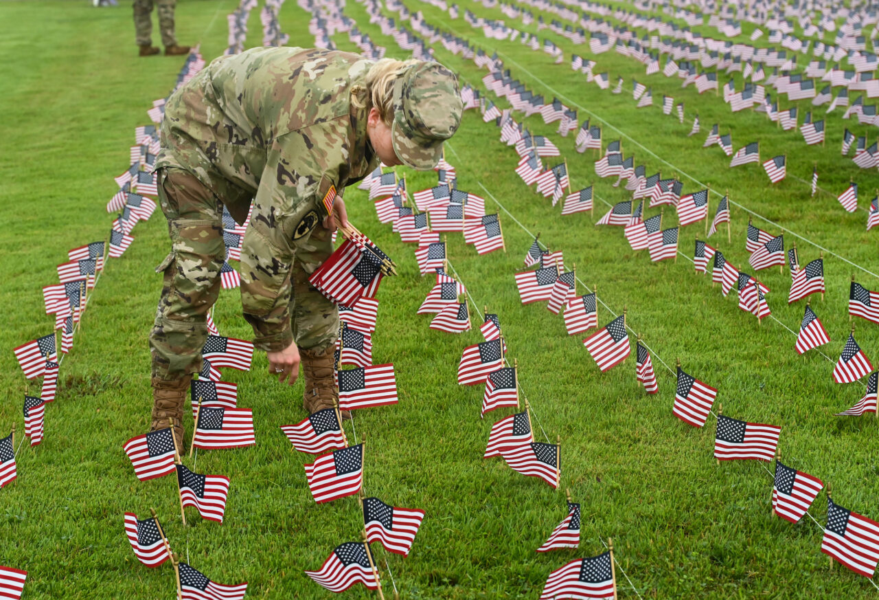 University of Tennessee at Chattanooga ROTC members place 2000 flags in front of Lane Funeral Home on Ashland Terrace, Wednesday, Sept. 7, 2022 in honor of 9/11.
