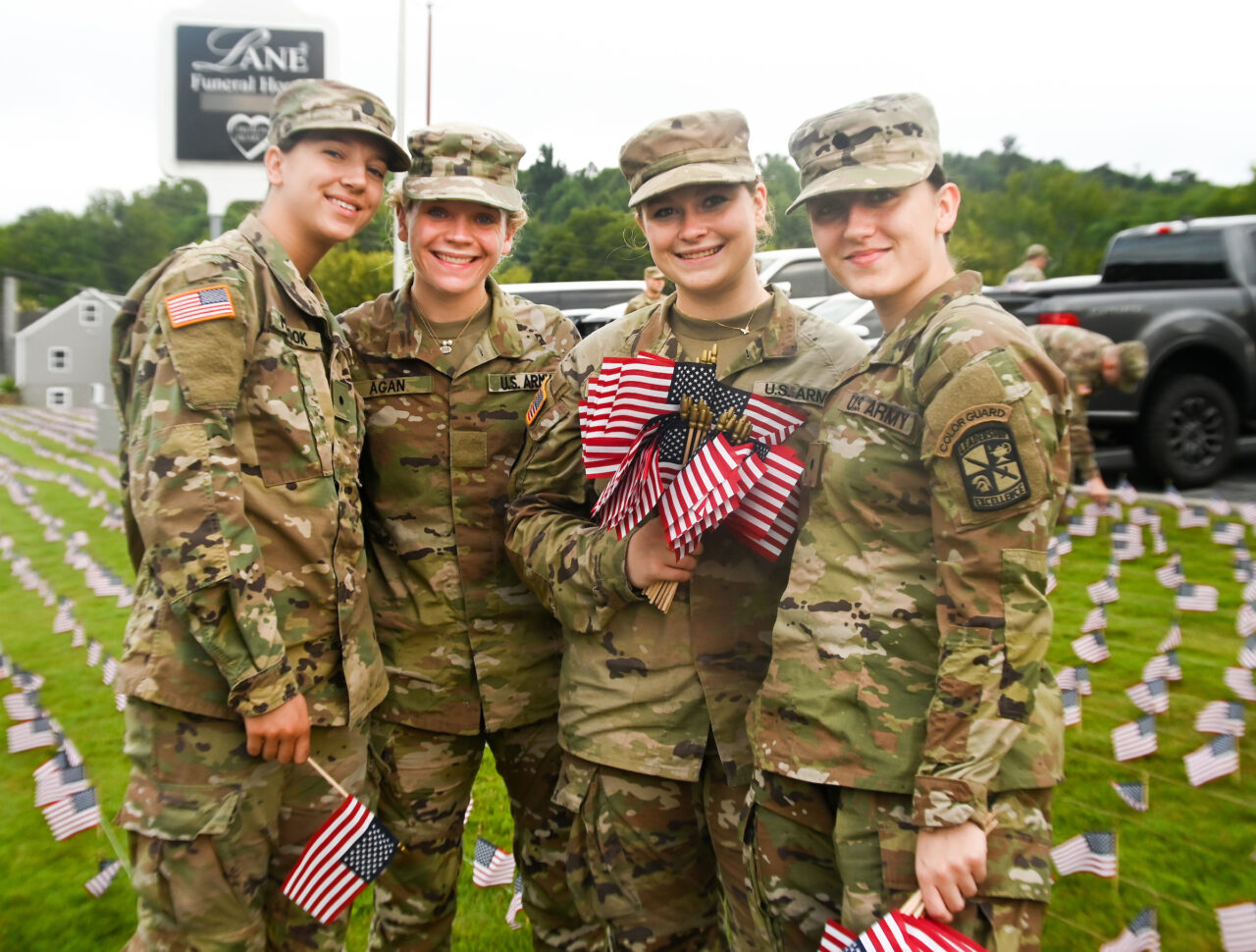 University of Tennessee at Chattanooga ROTC members place 2000 flags in front of Lane Funeral Home on Ashland Terrace, Wednesday, Sept. 7, 2022 in honor of 9/11.