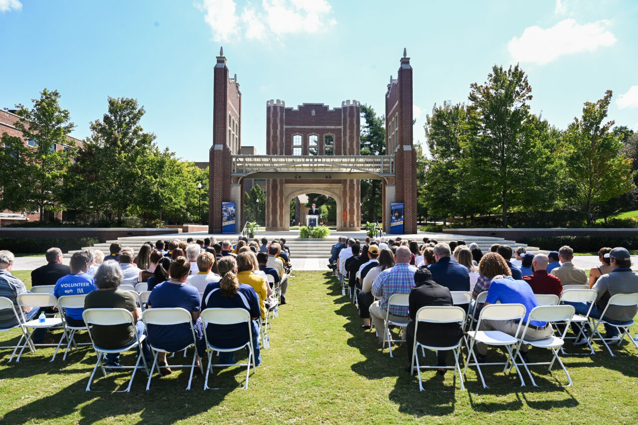 Chancellor Steve Angle delivers the State of the University speech Friday, Sept. 16, 2022, on Chamberlain Field.