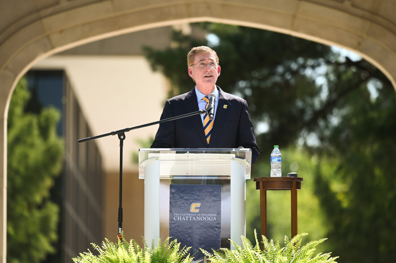 Chancellor Steve Angle delivers the State of the University speech Friday, Sept. 16, 2022 on Chamberlain Field.