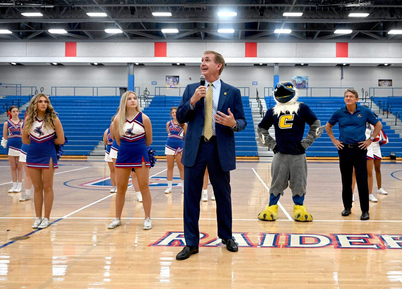 UT President Randy Boyd and UTC Chancellor Steve Angle attend the UT Promise event Tuesday, Sept. 13, 2022 at Cleveland High School.