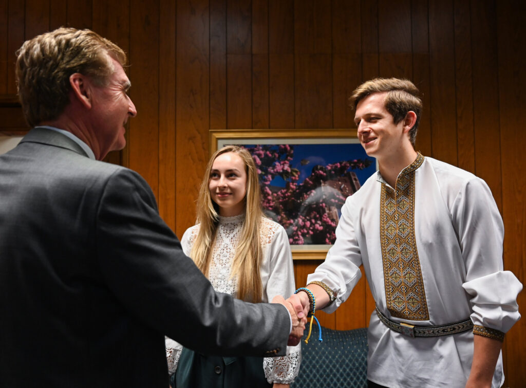 Chancellor Steve Angle recently met with the first recipients of the UTC Global Response Assistantship, Arsen Martyshchuk and Nina Klimenkova. Photo by Angela Foster.