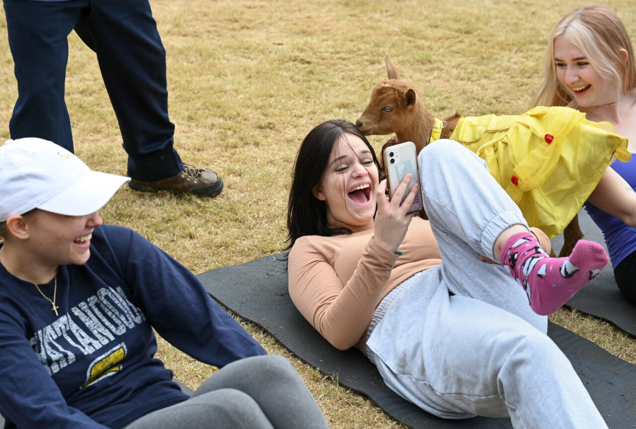 Halloween Goat Yoga class, Wednesday, Oct. 26, 2022 on Chamberlain Field.