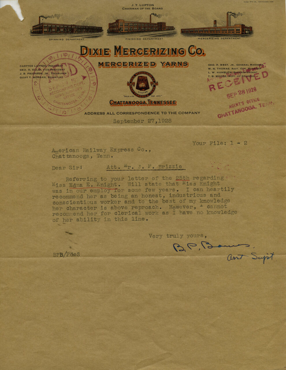 A letter on Dixie Mercerizing Company stationery provides a reference from an executive on behalf of Edna E. Knight, who is seeking work at American Railway Express Co. Both companies were in Chattanooga, Tennessee. The letter is dated September 27, 1928.