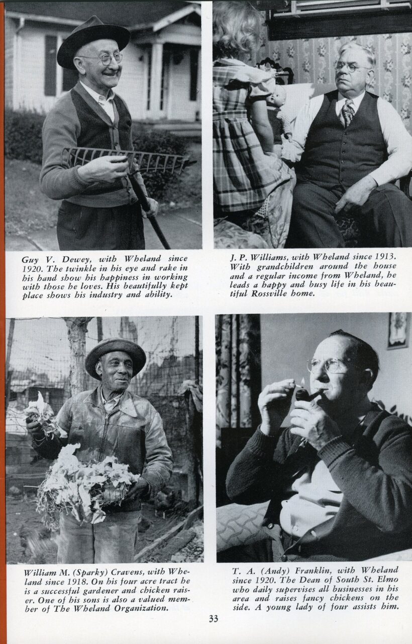 Page 33 of "Wheland Facts for Wheland People," produced around 1950-1951 by The Wheland Company of Chattanooga, Tennessee, featuring a spread about retired Wheland employees. UTC’s Special Collections repository holds photographs used in this booklet, as well as a typed and annotated draft of the booklet before it was printed. A large caption on the facing page (Page 32) reads in part: “It is men like these who have cooperated to make this Company what it is today.”