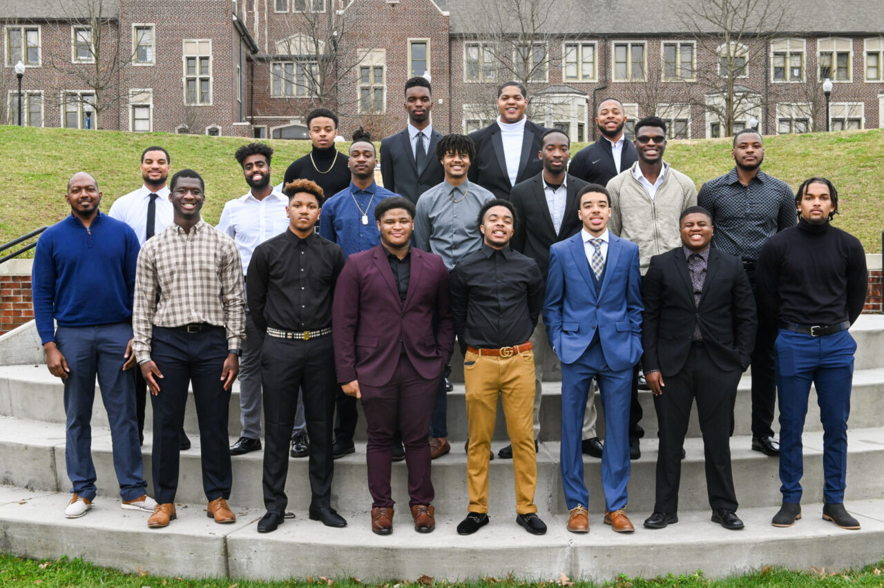 Campus leaders from African Student Association, Alpha Phi Alpha fraternity, Black Student Alliance, Brother 2 Brother, Kappa Alpha Psi fraternity, Multicultural Center’s Guide Mentorship Program, National Society of Black Engineers and UTC NAACP gathered for a Chamberlain Field photo session.