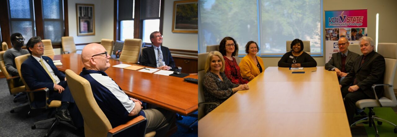 From left, College of Engineering and Computer Science Associate Dean Michael Danquah, Dean Daniel Pack, Provost Jerold Hale and Chancellor Steven R. Angle participate in the virtual articulation agreement with members of the Volunteer State Community College administration and faculty.