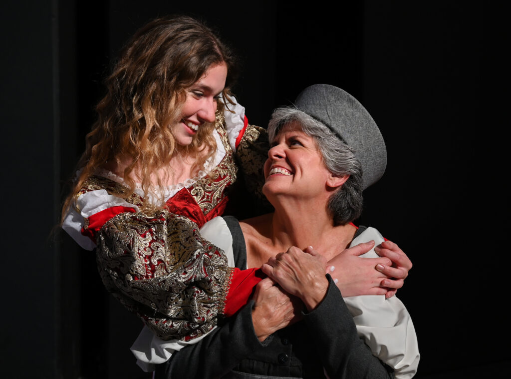 Maegan Whitlock, left, as Juliet and Bronwyn McEwen as The Nurse in the UTC Theatre Company’s production of Romeo and Juliet. Photo by Angela Foster.