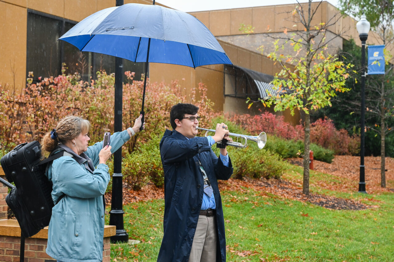 Trumpet players participate in the TAPS Project Friday, Nov. 11, 2022 around the UTC Campus in honor of Veterans Day.